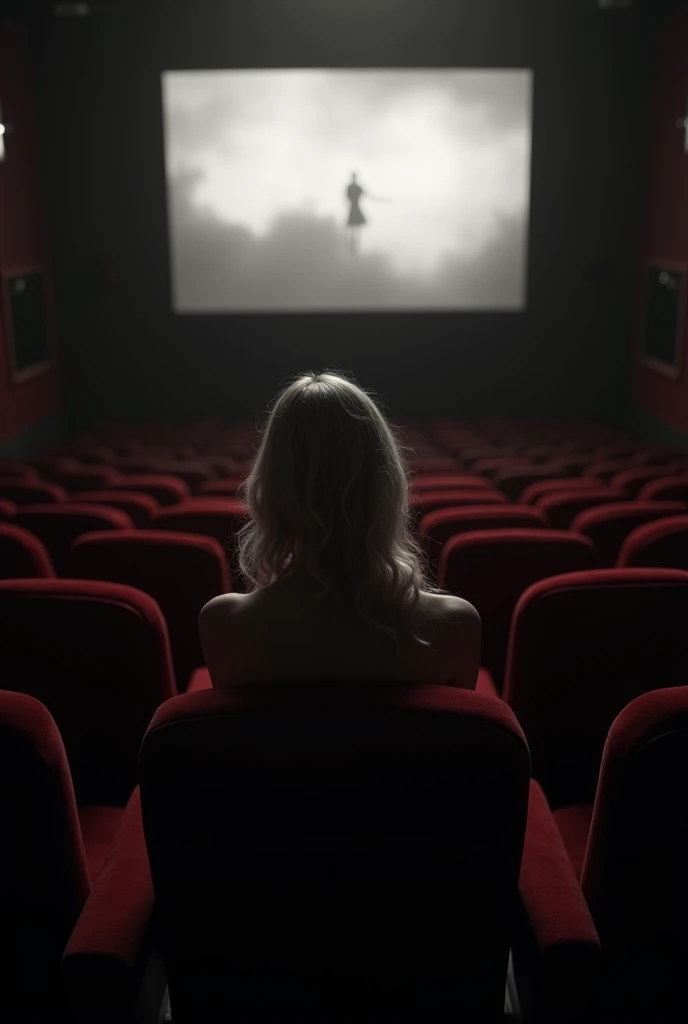 Faire une photo noir et blanc d’une jeune femme seule blonde assise dans une salle de cinéma sombre fauteuils rouges 1960
Face à l’écran ambiance edward hopper 