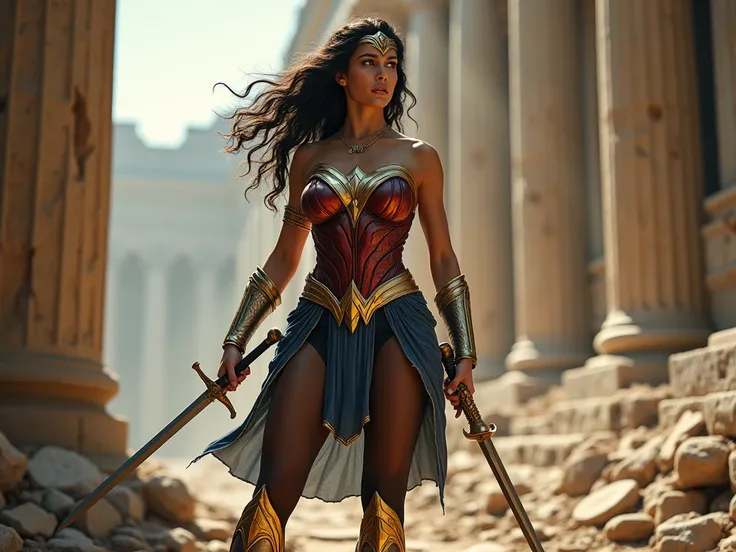 Beautiful European with sheer black pantyhose on her long legs looking like wonder woman in her armor and boots, wearing one sword and golden necklace, fighting a battle inside ancient temple ruins
