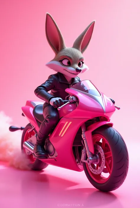 The coyote character from Luney Tunes wearing a motoboy costume on a pink CG motorcycle