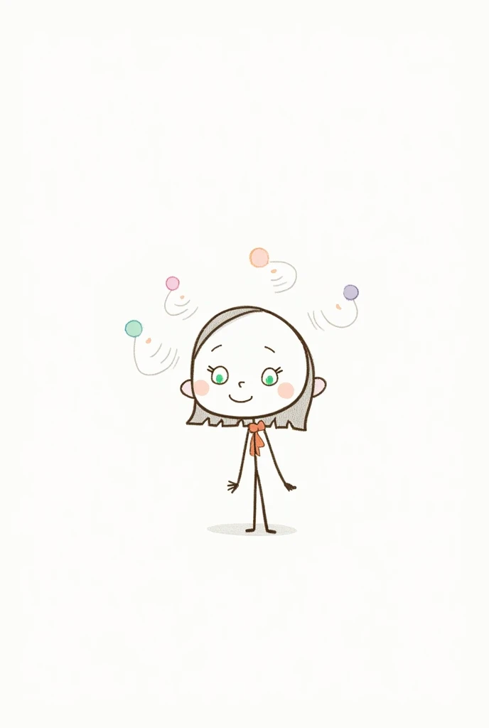 A minimalist, hand-drawn cartoon character of a Stickman girl. The character has a round head with simple green dot eyes and a small curved smile to express warmth and friendliness. Her hair is slightly longer, with smooth, casual curves, styled in a way t...