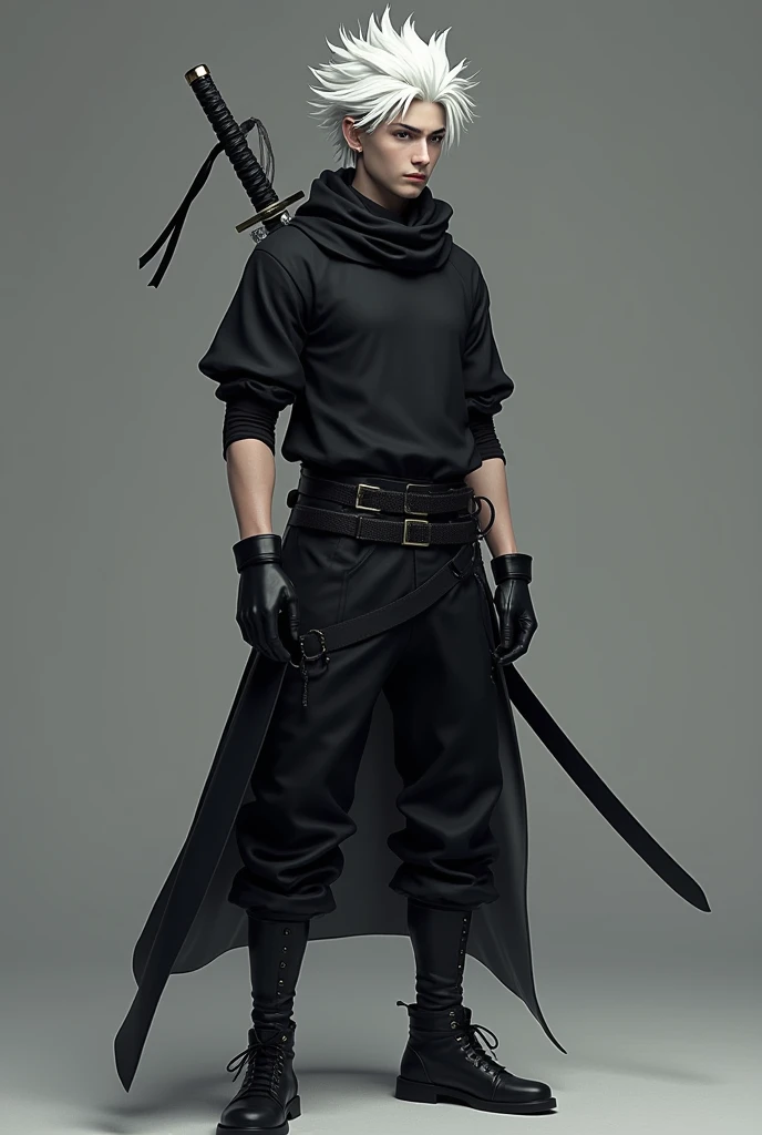  18 year old boy with white and pointed hair of 1 .70 with a sword in his back ,  wears black pants a black t-shirt and a ploma scarf