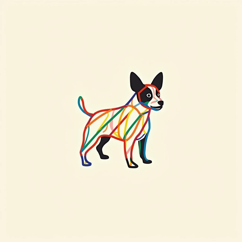 Jack russell dog logo made of coloured lines. Minimalist abstract art