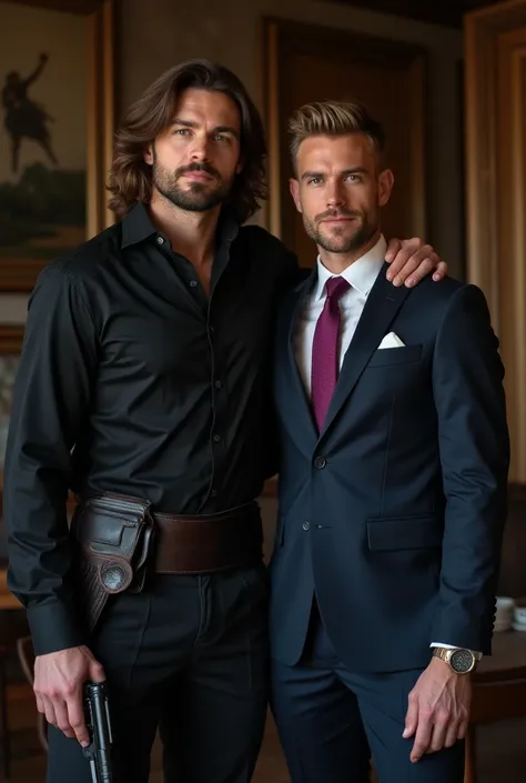 Handsome man with long brown hair with short beard in his 30s  , tall and stocky wearing a black shirt rolled up with a black tie with white stripes and wearing a leather-colored holster , holding a gun in his left hand  , protecting a handsome white man i...