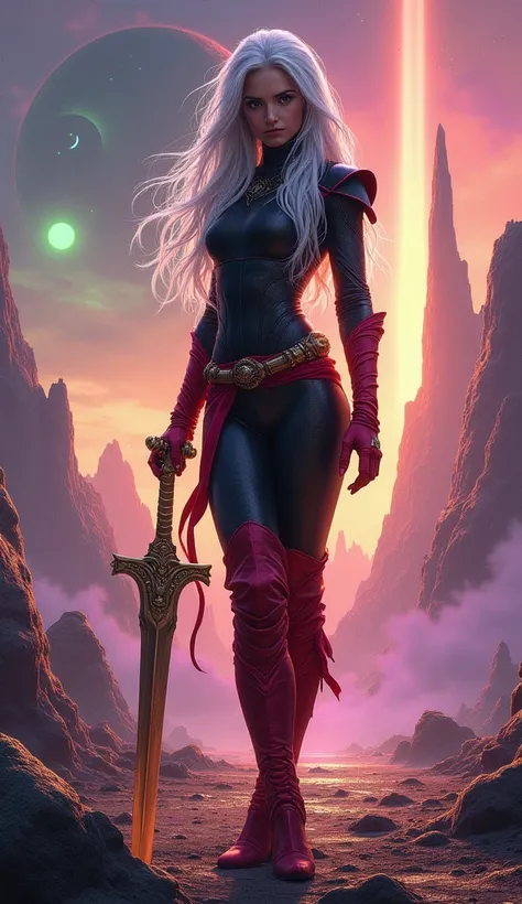 "A heroic female figure stands tall in a vibrant and surreal alien landscape. She has long, flowing silver hair cascading over her shoulders and piercing, clear eyes that radiate strength and determination. Her outfit is a dark ensemble accentuating her fo...