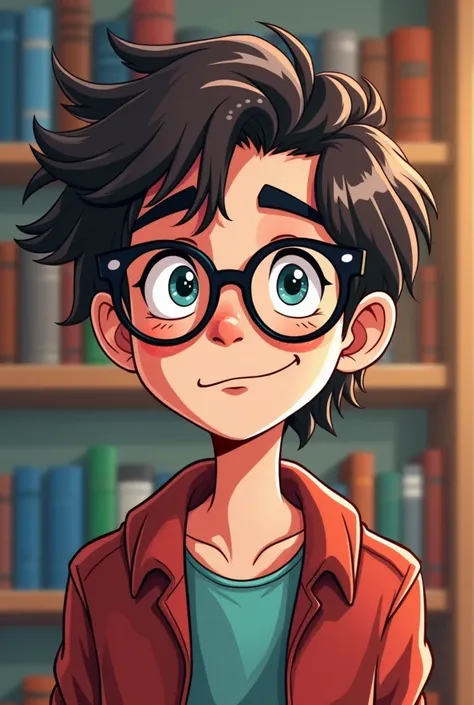  make an image for the profile photo of my TikTok focused for a quiz,  try to make the image with an animated character colored background  , Like a cartoon , The face has to be nerdy with a background with books and so on