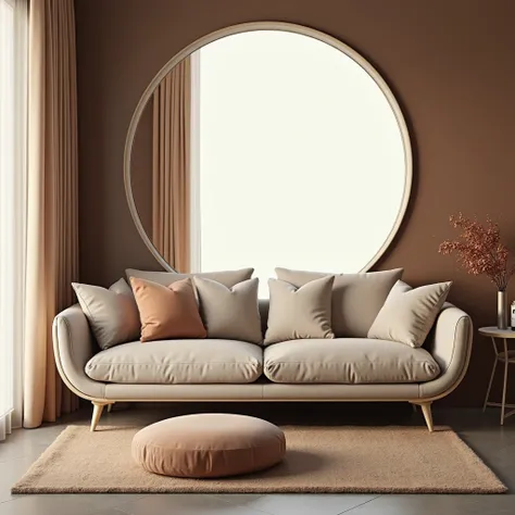 Make a modern sofa , in a decorated house, with a background window , a oval curtain ,  a small side table with a round cushion focusing on the cushion, showing only part of the sofa 