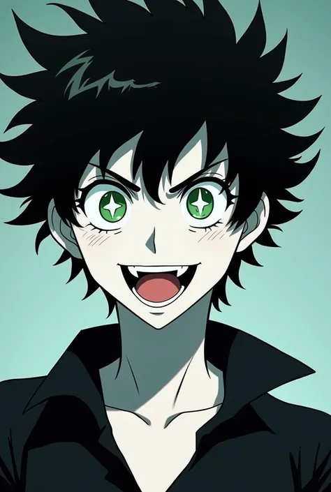  anime style, A seventeen year old boy very fit body, white skin color with wavy hair,  black and spiky , bright green eyes with no pupils or irises just very large five-pointed white STARS in place, smiling with a big mouth in a frightening way