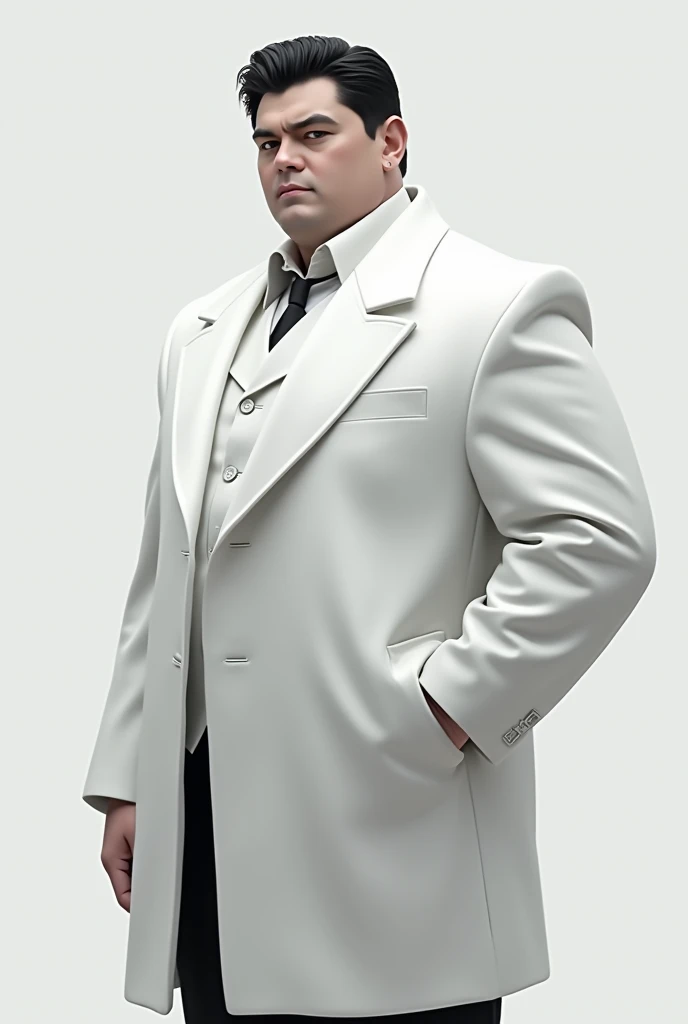 Make an image of a white person with black hair and white coat over 100kg