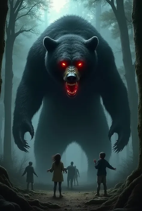 I need land animals, Black bear with goosebumps and red eyes standing and around several scared people