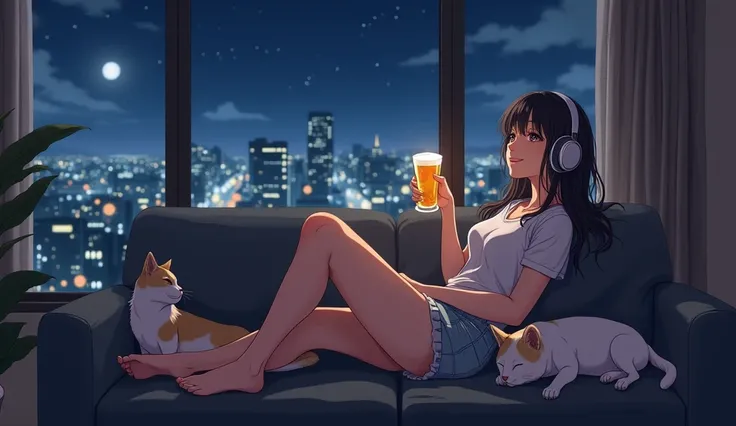  beautiful Japanese woman with dark hair ,  sitting on the living room sofa with wet hair after taking a bath、Face with shining headphones ,  holding a glass of beer while listening to music、My pet cat and dog are sleeping beside her 、Looking up and smilin...