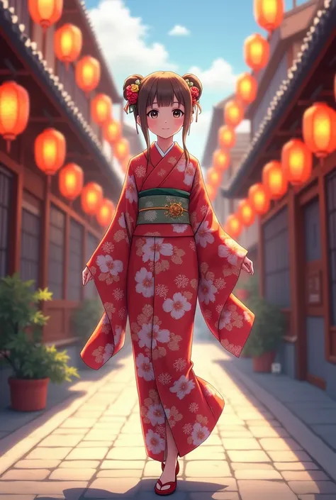 anime girl in kimono outfit walking down a street with lanterns, anime moe artstyle, anime style 4 k, in kimono, in a kimono, cute anime waifu in a nice dress, anime style. 8k, anime style character, young anime girl, anime style illustration, high quality...