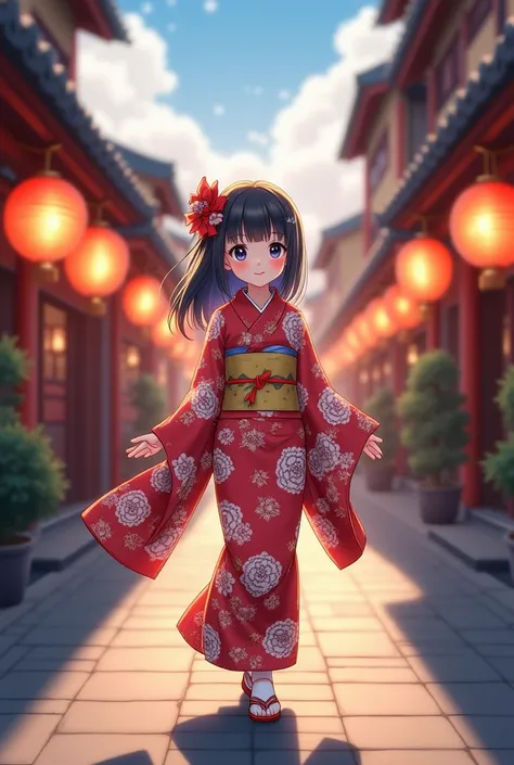 anime girl in kimono outfit walking down a street with lanterns, anime moe artstyle, anime style 4 k, in kimono, in a kimono, cute anime waifu in a nice dress, anime style. 8k, anime style character, young anime girl, anime style illustration, high quality...