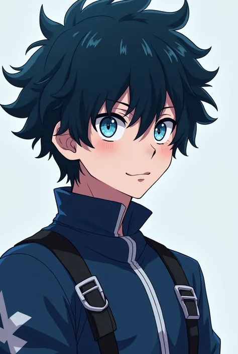 Boy with dark navy blue hair ,with light blue ,navy blue eyes,PIEL BLANCA, Eyes and hair in the style of Boku no hero Academia anime,U clothing. A from the anime Boku no hero Academia , A background that matches him and makes him look handsome ,