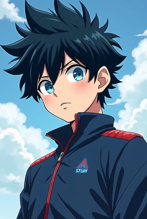  Boku style in Hero Academia,Boy with dark navy blue hair ,with light blue ,navy blue eyes,PIEL BLANCA, Eyes and hair in the style of Boku no hero Academia anime,U clothing. A from the anime Boku no hero Academia , A background that matches him and makes h...