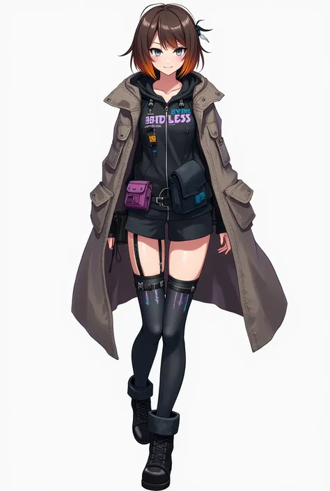 Anime woman, tall, sarcastic smile, short brown hair, orange underdye hair, gray eyes, cyberpunk style outfit, parka over shoulders, high leg warmers, boots, Black predominant color, blue, pink and purple color designs on clothes, various accessories, Full...