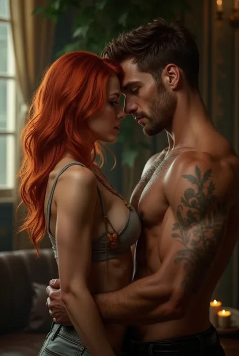 Scene who between a hot redhead and a man with short brown hair, a handsome athletic body with a scar on his face 