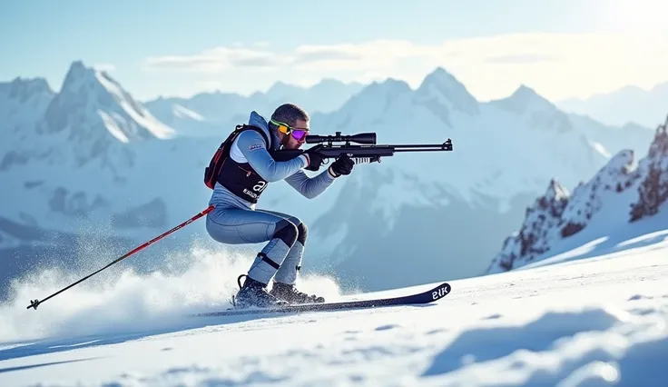 Professional photography hiper realistic of a professional skier practicing biathlon in a snow monuntain