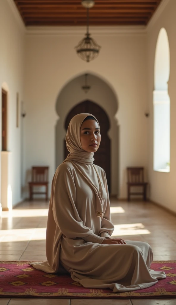 A beautiful latin muslim woman is sitting on the focus floor listening to a lecture in a white-walled village mosque, wearing a modern gamis,  front facing 