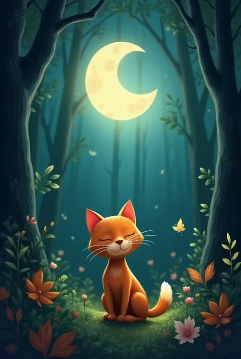 Create a video based on this story Once upon a time there was a kitten named Meow, Who loved to sing . One day,  he discovered his talent by meowing at the moon ,  and his voice was so beautiful that all the animals in the forest stopped to hear him.  He s...