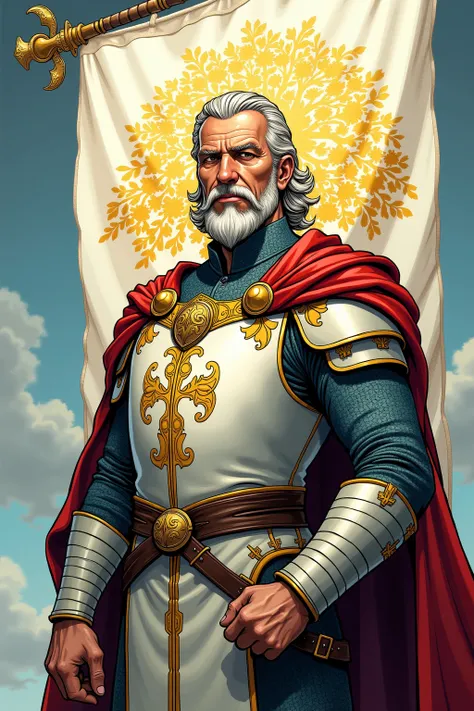 Mathis is a noble lord. He is 50 years. He stout, florid, and clean-shaven. He wears a snowy doublet with a great tree worked upon the breast in gold thread.
On the background a large white banner with his coat of arms: a golden tree. 
Use classic comic-st...