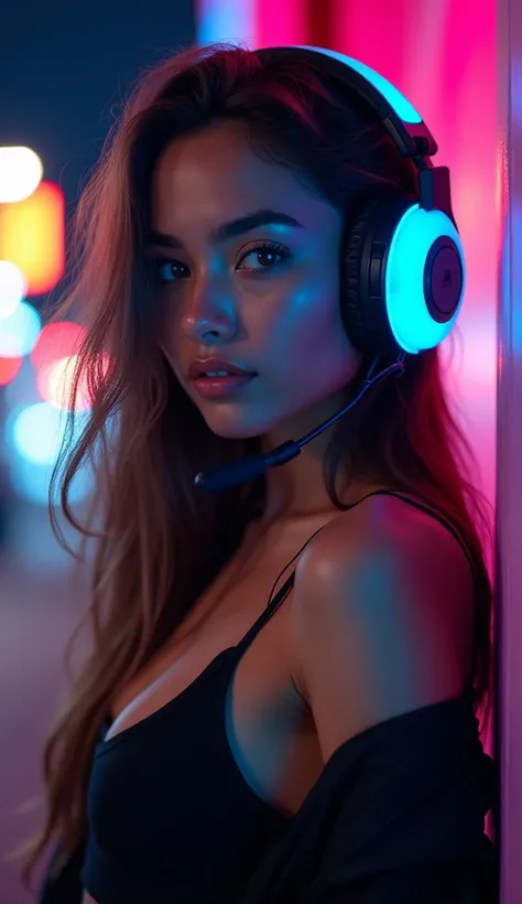 (Selfie, Plan: 1.4), (Right half of the body: 1.4), RAW UHD portrait photo of a beautiful 30-year-old woman with medium brown skin, sexy and stylish, long brown hair, expressive eyes, gamer style, wearing a gaming headset with glowing LED lights, holding a...