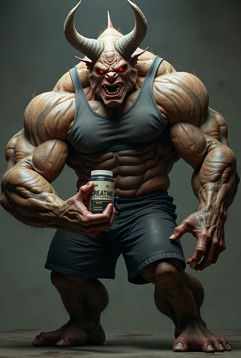 Create an image of a muscular monster ,  with gym clothes,  red eyes, horns and holding in their hands a jar of creatine in their hands 