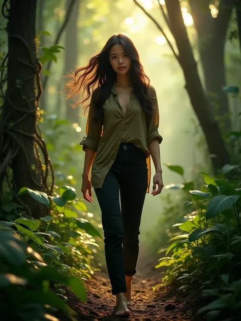 Pretty sexy longhaired Thai girl wearing khaki wide neck shirt wearing black trousers is walking exploring in deep forest