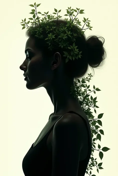 Can you make me an image of the profile silhouette of the head of a woman with long hair and her hair that is shaped like tree leaves