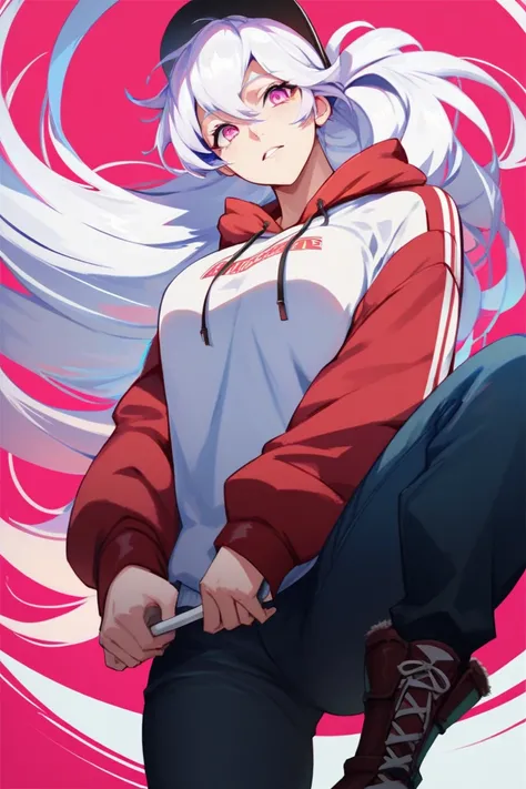 anime, 1 girl, slender body,  curvy body,  long hair ,  long hair pants,  white hair, pink eyes, sweatshirt de capuz, sweatshirt, sweatshirt justo pants escura, pants,high boots, quudere, kind