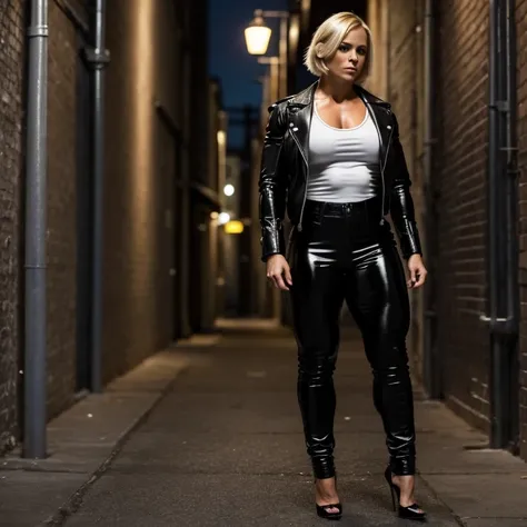  A heavily muscled iffb pro female bodybuilder 
, 32-year-old woman with short blonde Bob-style hair with big breasts wearing a leather jacket and white shirt with a neckline and black latex pants and heels walking down an alley at night without light show...