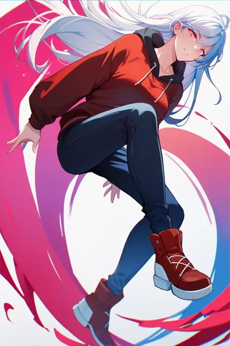 anime, 1 girl, slender body,  curvy body,  long hair ,  long hair pants,  white hair, pink eyes, sweatshirt de capuz, sweatshirt, sweatshirt justo pants escura, pants,high boots, quudere, kind