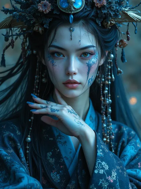 oriental woman, witch, chaotic, Gray skin and magic, touch of king blue, all over the body in mystic  traditional japan