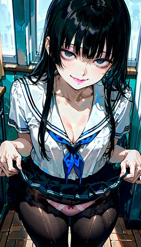 (school uniform)、class room、long hair、hime cut、black hair、(pink lip)、flat chest、blush、big thighs、(plump)、(covered erectile nipples)、(((upturned eyes)))、thick lip、(panties)、(((skirt lift)))、smag、side view、sanpaku eyes、half undressed、mini skirt、(dead eyes)、v...