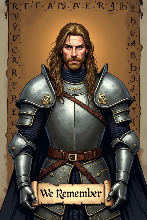 Robar is a knight of 25 years. He is "comely in a rough-hewn way". He has pale eyes.
Robar is a good tourney warrior and a skilled swordsman. Robaris  young and foolish.
Robar's silvered steel plate is filigreed in bronze with inscribed runes. 
On the back...