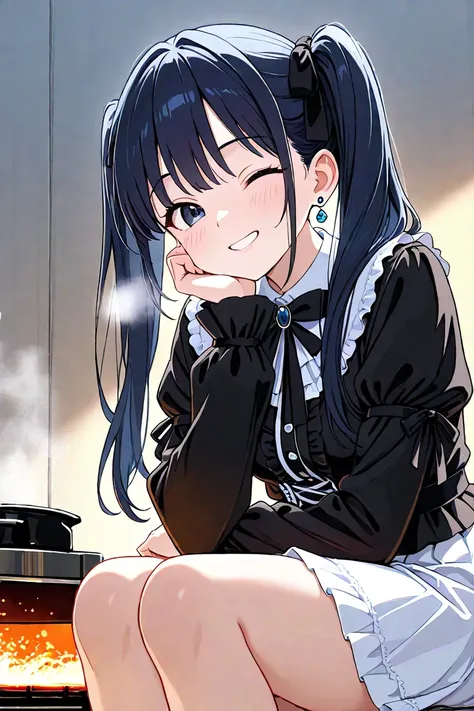 Dark blue hair,   long hair,  twin tails,  long hair,  Gothic Lolita ,  Gothic Lolita ,  uniform,  best image quality, whole body,  short skirt , like,  is embarrassing,  focus on your upper body ,  Top Masterpieces, Black uniform, smile, 大like,  white ski...