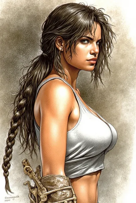 an illustration of a lara croft by Serpieri, long plaited ponytail 