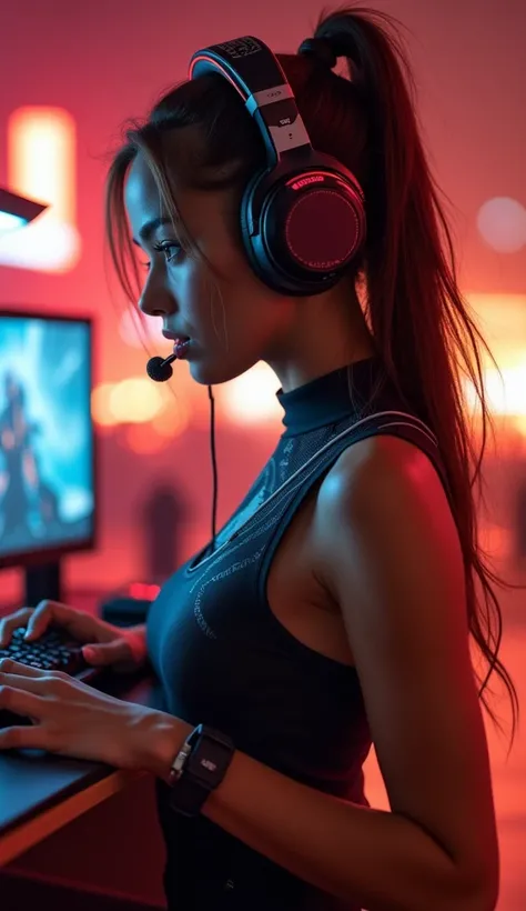 (Selfie, Plan: 1.4), (Right half of the body: 1.4), RAW UHD portrait photo of a beautiful 30-year-old woman with medium brown skin, sexy and intense gamer style, long brown hair tied back in a ponytail, wearing a sleek gaming headset with bold LED lights, ...