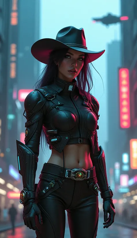 cyberpunk cowgirl, detailed cyberpunk outfit, holographic elements, neon lights, futuristic city background, moody lighting, cinematic composition, dark color palette, intricate details, science fiction, concept art style