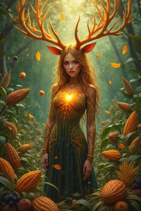  Magic Server female entity , with corn hair ,deer antlers, cacao heart ,  that is multi-colored mixed. Rain of Abundance , golden,surrounded by corn ,cacao,fruits,Grain