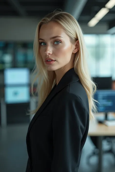 A beautiful AI moderator blonde woman hyper realistic mid 30 clever professional 