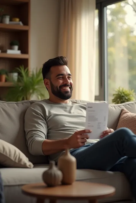  A young man with a well-groomed beard ,  sitting in the living room of his house with an expression of joy and satisfaction .  The living room is modern and cozy , with a comfortable sofa ,  a coffee table with some ornaments ,  and natural light coming t...