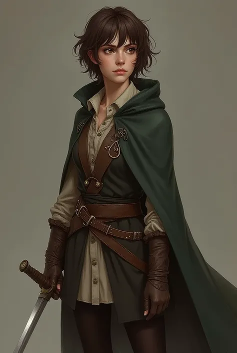 Create a thief girl with the following traits : Short and messy brown hair Big smart brown eyes In the 16-year-old range With a discreet old cape And neutral old clothes Wielding a rapier
 Expression of cleverness 
strong