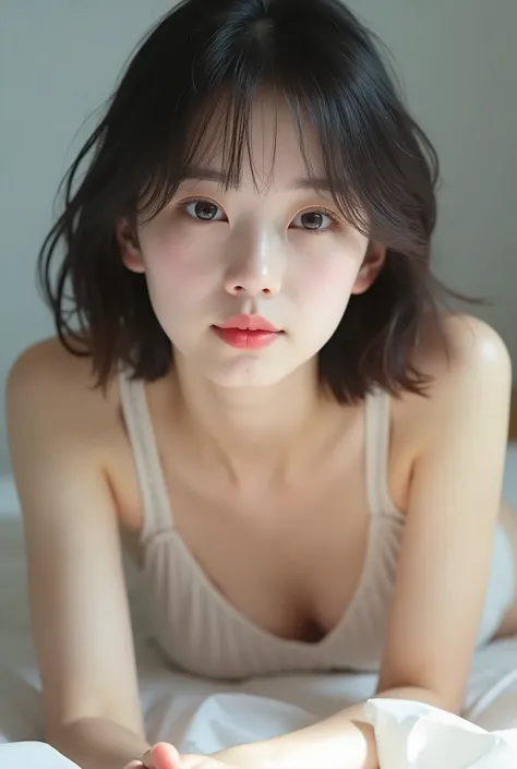 beautiful and cute 20-year-old Korean college student with a photorealistic face, white skin, super cute, no clothes, no underwear, laying on the floor or standing up, cute pose