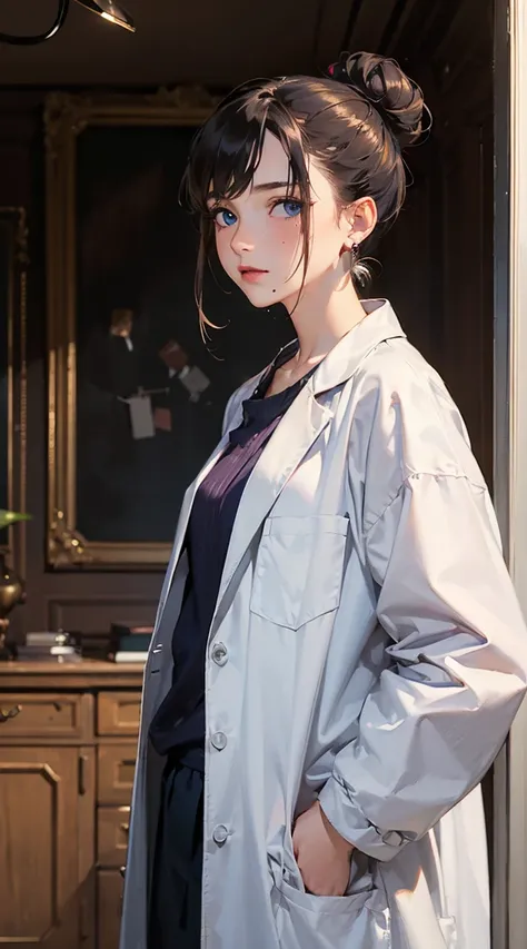 masterpiece, best quality, amazing quality, very aesthetic, newest, general, 1girl, solo, jewelry, blue eyes, earrings, mole, mole under eye, labcoat, shirt, blush, hair bun, single hair bun, humpbacked, bags under eyes, indoors, hands in pockets