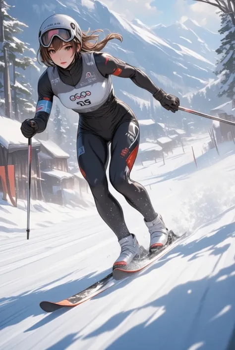  competitive course,   goggles,   helmet , Snapshot of a female athlete gliding on a Nordic skiing  , 