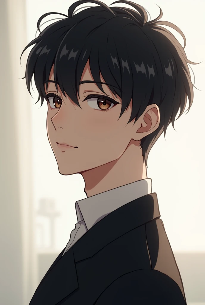 Image of handsome handsome man, cabello negro, No beard or mustache, PIEL BLANCA, Taken from anime,  brown eyes , Very tall and handsome