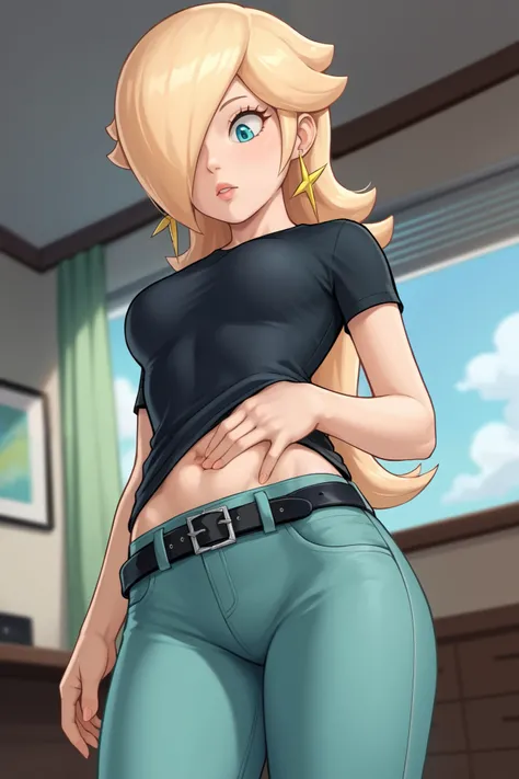 score_9, score_8_up, score_7_up, source_anime, rosalina, blonde hair, blue eyes, hair over one eye, long hair, star earrings, solo, cowboy shot, black t-shirt, taut clothes, tight shirt, midriff, navel, jeans, black belt, looking down, belly grab, indoors