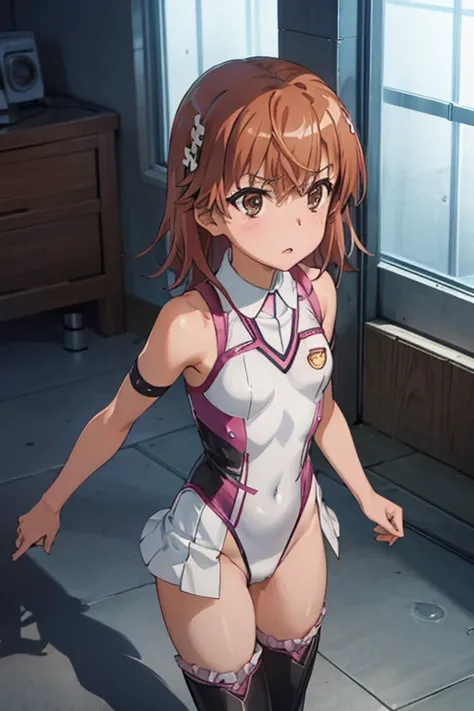 Mikoto misaka.、A Certain Scientific Railgun、girl、Small breasts、whole body,blush,best quality,taimanin suit,Black leotard, Frilled leotard,Thigh-high boots,