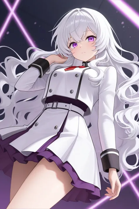 Anime style girl silver white hair long wavy hair purple eyes female uniform outfit   