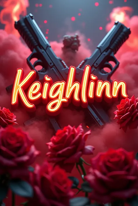 Name"keighlinn" written in the the background small fire touches of 3D guns  and red smoke included. Everything in the front with red roses and Neon, 3D rendering 